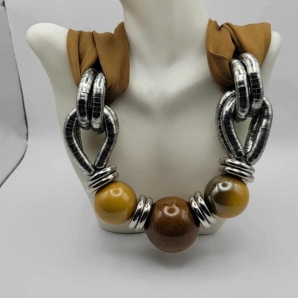 Chunky Brown & Mustard Beaded Statement Necklace